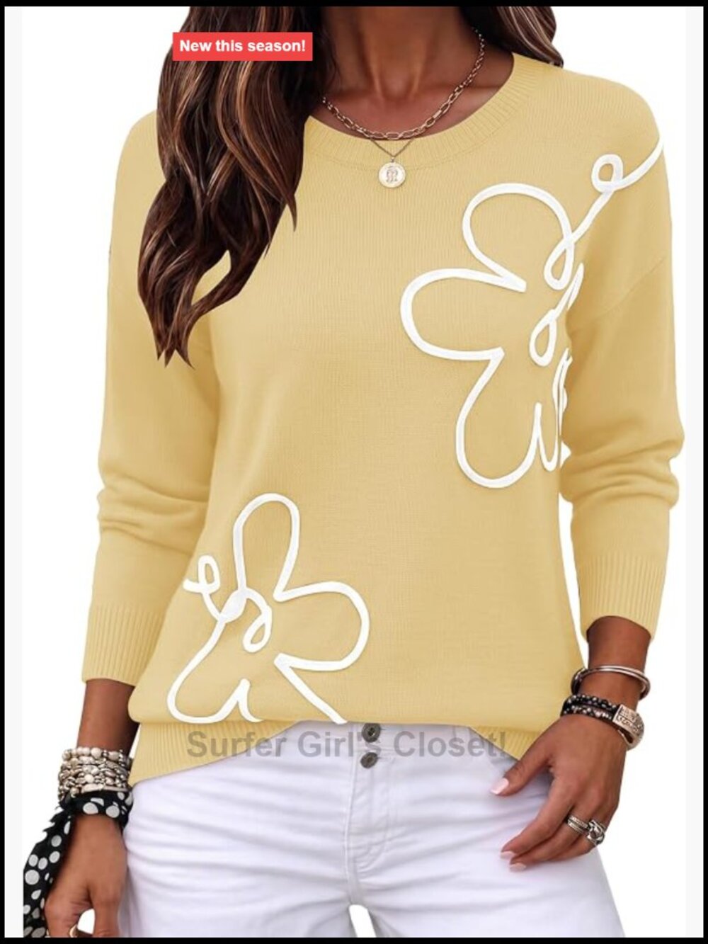 3D Floral Applique Crewneck Long Sleeve Pullover Sweater Soft Knit